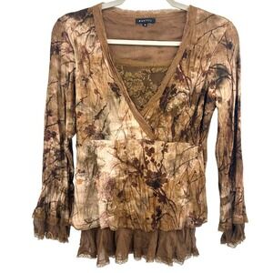 Panilli Y2K Goblincore Grunge Shirt Bratz Floral Brown Lace Trim Long Sleeve